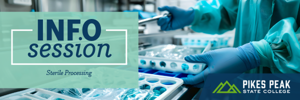 Pikes Peak State College students in an operating room at the Center for Healthcare Education Simulation. Text reads 'Surgical Technology and Sterile Processing' with the PPSC logo.