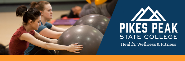 Two PPSC students in fitness center working with excercise balls and PPSC Health, Wellness & Fitness logo.